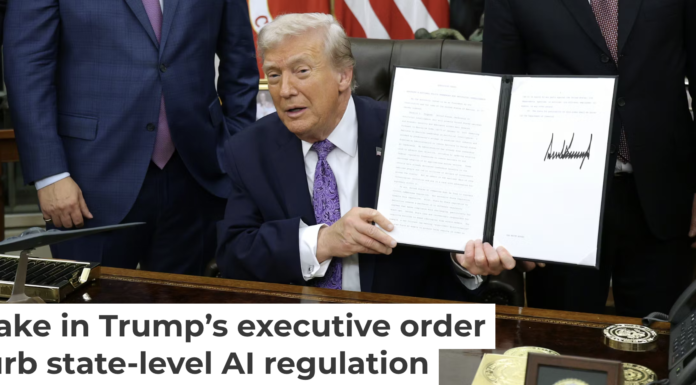 President Donald Trump displays his executive order countering state laws regulating AI. Alex Wong/Getty Images